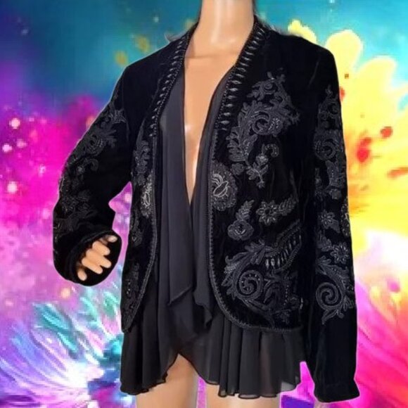 Fantasy Chiffon Ruffles Floral Embroidered Beading Black Velvet Jacket Sz M - Picture 2 of 10
